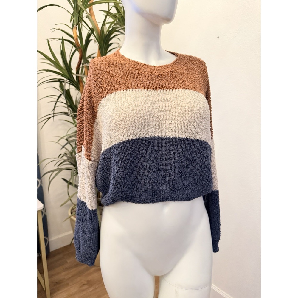 Debut Crop Sweater Size XS/S/M Color block Textured Nubby Loose Balloon Sleeve - Picture 2 of 9
